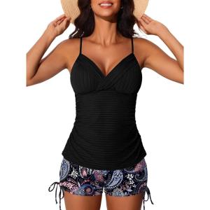 imageMiYang Twist Front Tankini Swimsuits for Women 2025 Flattering Tummy Control Ribbed TwoPiece Bathing SuitsBlack Paisley