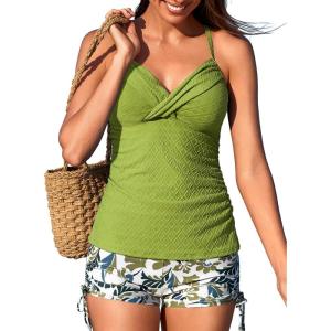 imageMiYang Twist Front Tankini Swimsuits for Women 2025 Flattering Tummy Control Ribbed TwoPiece Bathing SuitsGreen Paisley