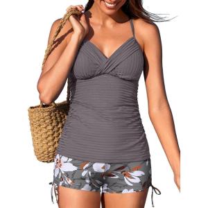 imageMiYang Twist Front Tankini Swimsuits for Women 2025 Flattering Tummy Control Ribbed TwoPiece Bathing SuitsMisty White Blossoms