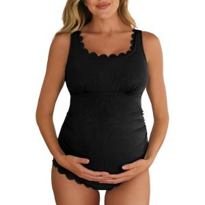 imageSummer Mae Ribbed Maternity One Piece Swimsuit Scalloped Cut Out Pregnancy Bathing Suit Square NeckBlack