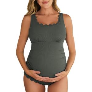 imageSummer Mae Ribbed Maternity One Piece Swimsuit Scalloped Cut Out Pregnancy Bathing Suit Square NeckOlive