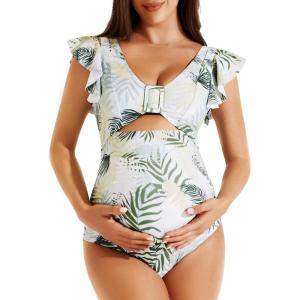 imageSummer Mae Ribbed Maternity Swimsuit Cutout One Piece Ruffle Sleeve Pregnancy Bathing Suit High Waisted SwimwearLeafy Oasis