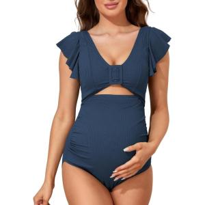 imageSummer Mae Ribbed Maternity Swimsuit Cutout One Piece Ruffle Sleeve Pregnancy Bathing Suit High Waisted SwimwearNordic Blue