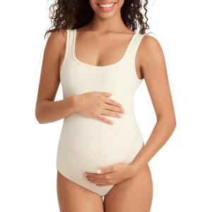 imageSummer Mae Womens Maternity Bodysuits Scoop Neck Pregnancy One Piece Jumpsuits Sleeveless Tank Tops ShapewearIvory White