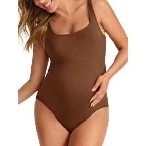 imageSummer Mae Womens Maternity Bodysuits Scoop Neck Pregnancy One Piece Jumpsuits Sleeveless Tank Tops ShapewearMocha Brown