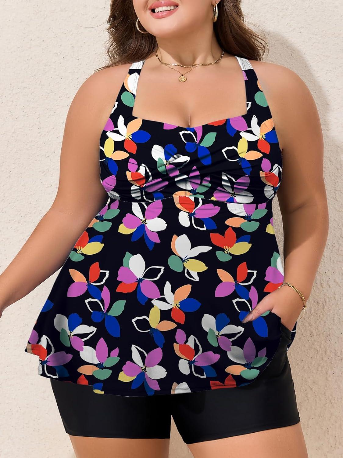 imageSummer Mae Plus Size Tankini Swimsuits for Women Two Piece Bathing Suit with Pockets Shorts Tummy Control SwimwearColorful Sunflowers