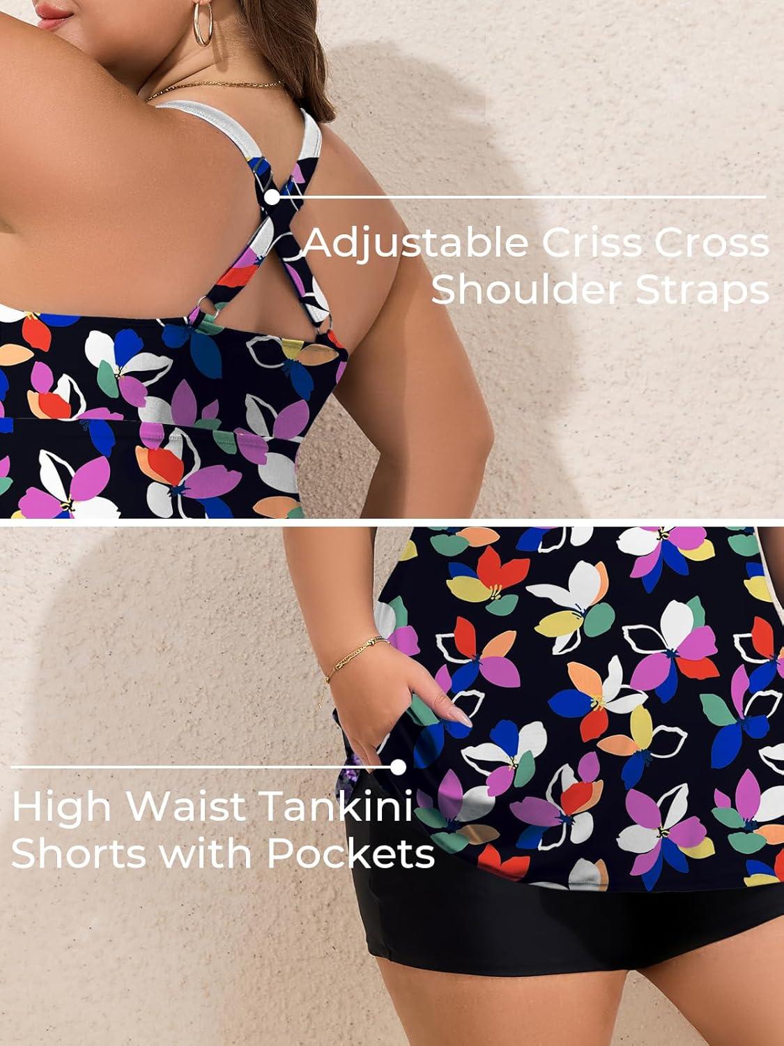 imageSummer Mae Plus Size Tankini Swimsuits for Women Two Piece Bathing Suit with Pockets Shorts Tummy Control SwimwearColorful Sunflowers
