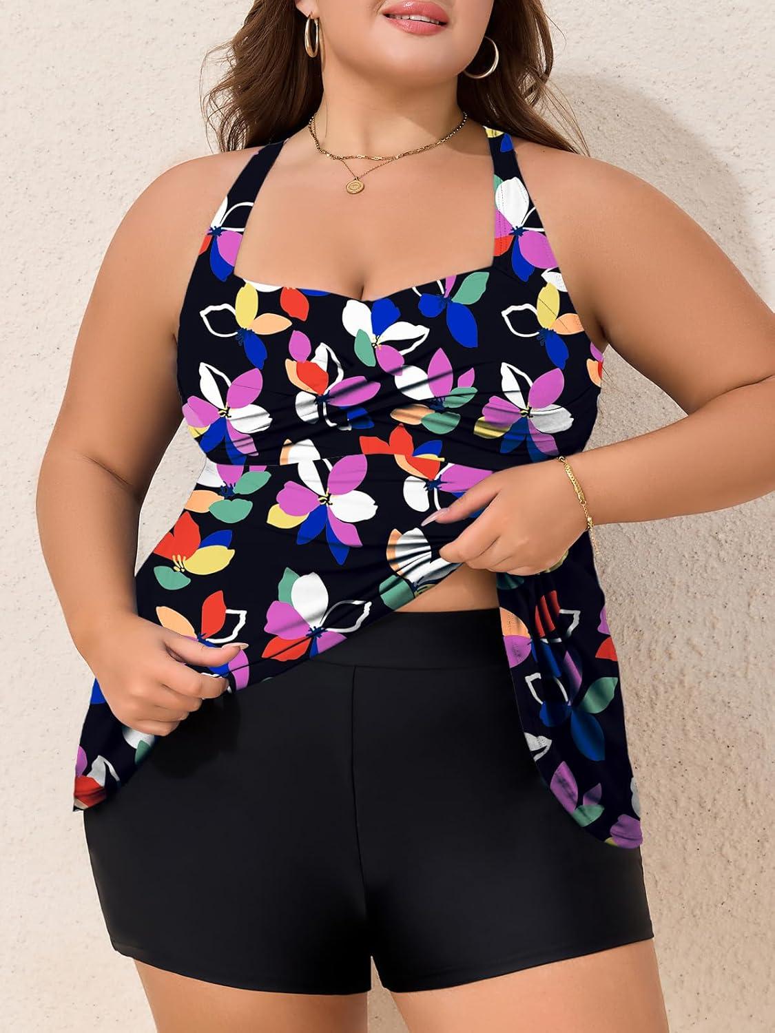 imageSummer Mae Plus Size Tankini Swimsuits for Women Two Piece Bathing Suit with Pockets Shorts Tummy Control SwimwearColorful Sunflowers