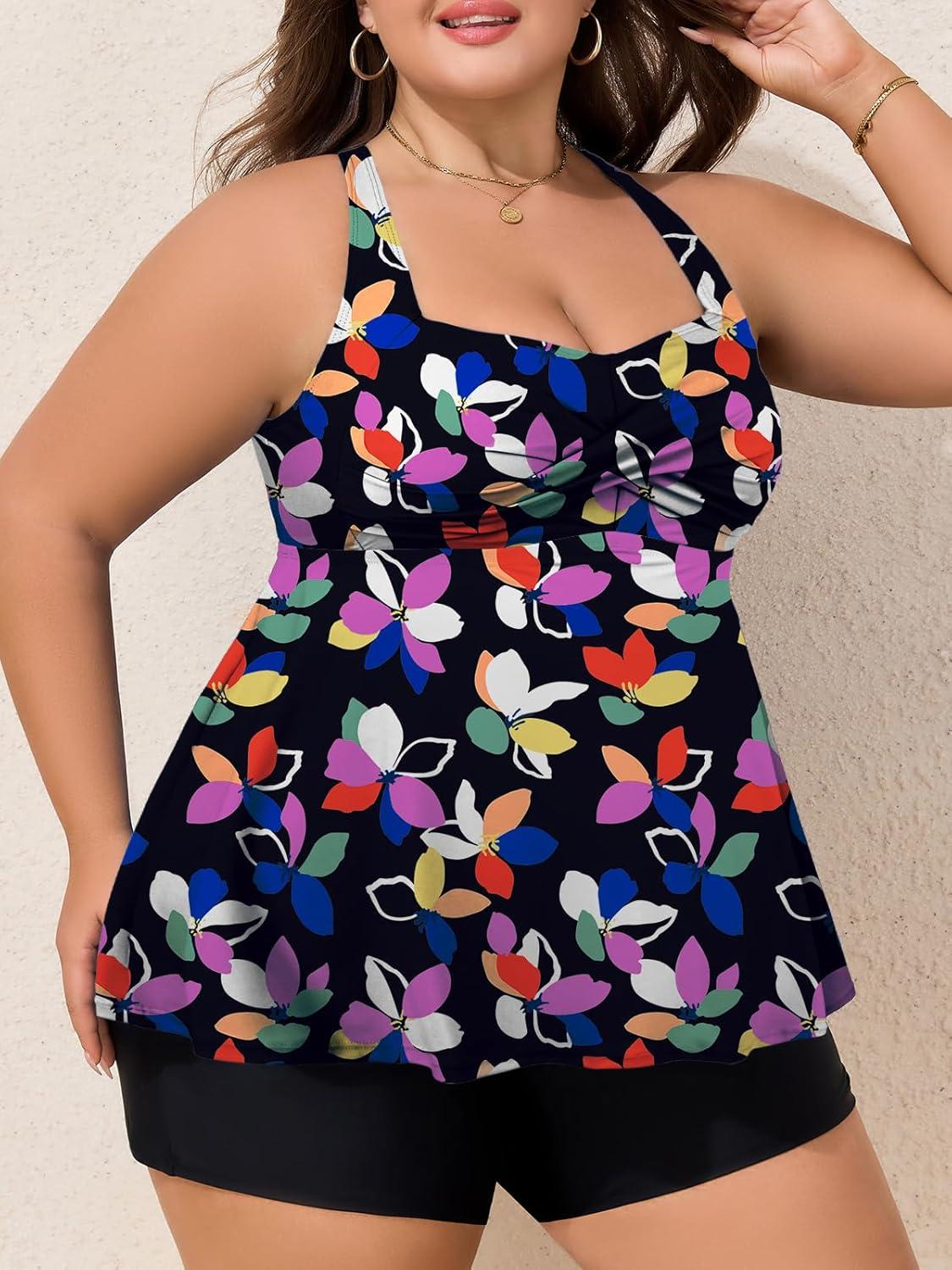imageSummer Mae Plus Size Tankini Swimsuits for Women Two Piece Bathing Suit with Pockets Shorts Tummy Control SwimwearColorful Sunflowers
