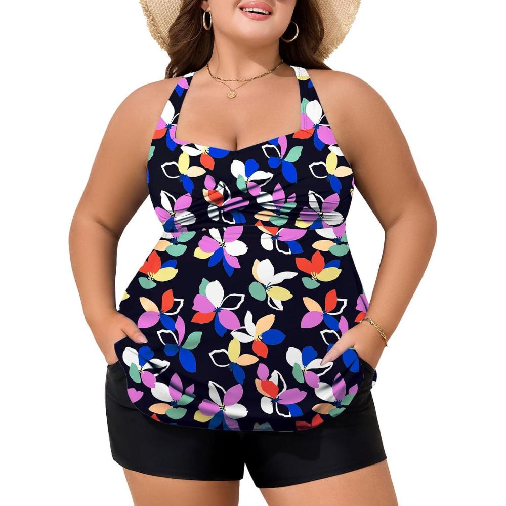 imageSummer Mae Plus Size Tankini Swimsuits for Women Two Piece Bathing Suit with Pockets Shorts Tummy Control SwimwearColorful Sunflowers