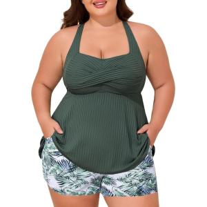 imageSummer Mae Plus Size Tankini Swimsuits for Women Two Piece Bathing Suit with Pockets Shorts Tummy Control SwimwearConiferous Forest Fluttering