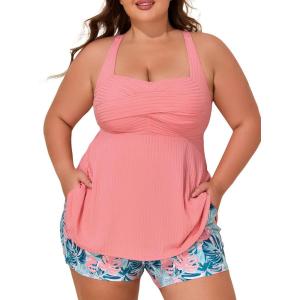 imageSummer Mae Plus Size Tankini Swimsuits for Women Two Piece Bathing Suit with Pockets Shorts Tummy Control SwimwearGlazed Rain Leaves