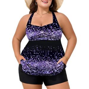 imageSummer Mae Plus Size Tankini Swimsuits for Women Two Piece Bathing Suit with Pockets Shorts Tummy Control SwimwearGradient Purple Leopard