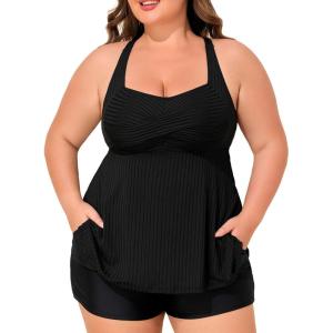 imageSummer Mae Plus Size Tankini Swimsuits for Women Two Piece Bathing Suit with Pockets Shorts Tummy Control SwimwearRibbed Black