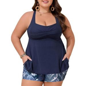 imageSummer Mae Plus Size Tankini Swimsuits for Women Two Piece Bathing Suit with Pockets Shorts Tummy Control SwimwearRibbed Blue Leaves
