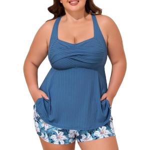 imageSummer Mae Plus Size Tankini Swimsuits for Women Two Piece Bathing Suit with Pockets Shorts Tummy Control SwimwearRibbed Blue Lily