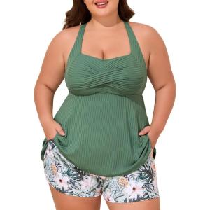 imageSummer Mae Plus Size Tankini Swimsuits for Women Two Piece Bathing Suit with Pockets Shorts Tummy Control SwimwearRibbed Green Hawaii