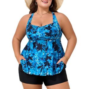 imageSummer Mae Plus Size Tankini Swimsuits for Women Two Piece Bathing Suit with Pockets Shorts Tummy Control SwimwearTiedye Blue Leaves