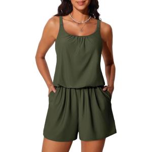 imageSummer Mae Swim Romper Womens One Piece Swimsuits with Pockets 2025 Blouson Modest Bathing SuitsArmy Green