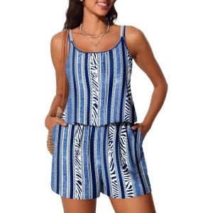 imageSummer Mae Swim Romper Womens One Piece Swimsuits with Pockets 2025 Blouson Modest Bathing SuitsBlue Vertical