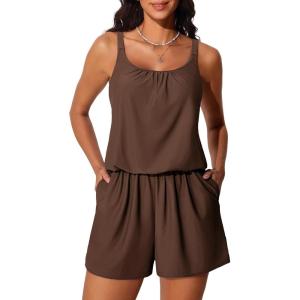 imageSummer Mae Swim Romper Womens One Piece Swimsuits with Pockets 2025 Blouson Modest Bathing SuitsBrown