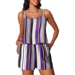 imageSummer Mae Swim Romper Womens One Piece Swimsuits with Pockets 2025 Blouson Modest Bathing SuitsPurple Boho