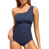 imageSummer Mae One Shoulder Womens One Piece Swimsuit Ribbed Scalloped Swim Suits Slimming Full Coverage Modest Bathing SuitBlue Black
