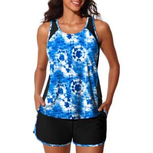 imageSummer Mae Blouson Tankini Swimsuits for Women 2025 Tummy Control Two Piece Bathing Suits with Sporty Pockets Swim ShortsBlue Tiedye