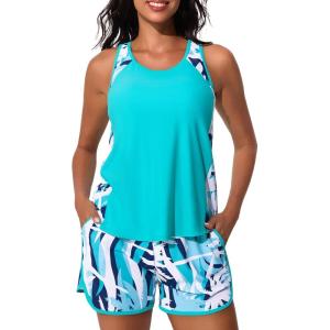 imageSummer Mae Blouson Tankini Swimsuits for Women 2025 Tummy Control Two Piece Bathing Suits with Sporty Pockets Swim ShortsCoconut Tree on the Sea