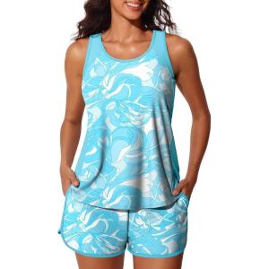 imageSummer Mae Blouson Tankini Swimsuits for Women 2025 Tummy Control Two Piece Bathing Suits with Sporty Pockets Swim ShortsLine Wavea