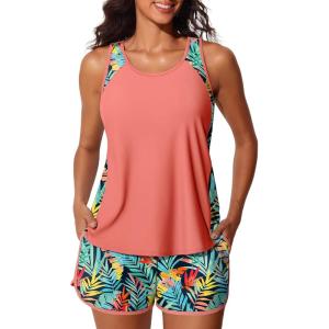 imageSummer Mae Blouson Tankini Swimsuits for Women 2025 Tummy Control Two Piece Bathing Suits with Sporty Pockets Swim ShortsOrange Leavesa