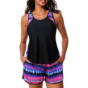 imageSummer Mae Blouson Tankini Swimsuits for Women 2025 Tummy Control Two Piece Bathing Suits with Sporty Pockets Swim ShortsRedblue Shimmer