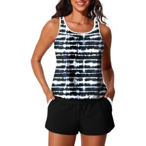 imageSummer Mae Blouson Womens Tankini Swimsuits Tummy Control Modest 2025 Two Piece with Sporty Pockets Bathing SuitsWave Print