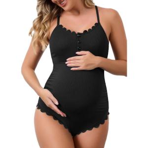 imageSummer Mae Maternity Swimsuit One Piece Bathing Suit Button Neck Cross BackScalloped Black