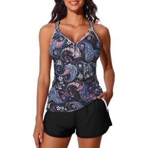 imageSummer Mae Modest Tankini Swimsuits for Women 2025 Two Piece Bathing Suits with Sporty Pockets Boy Shorts for Tummy ControlBlack Paisley