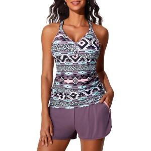 imageSummer Mae Modest Tankini Swimsuits for Women 2025 Two Piece Bathing Suits with Sporty Pockets Boy Shorts for Tummy ControlBohemia