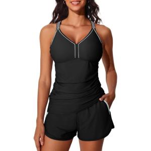 imageSummer Mae Modest Tankini Swimsuits for Women 2025 Two Piece Bathing Suits with Sporty Pockets Boy Shorts for Tummy ControlPure Black