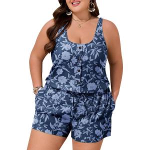 imageSummer Mae Plus Size Swim Romper One Piece Swimsuit Women Blouson Bathing Suit with Pockets 2025 Modest SwimwearBranches Vines Flowers