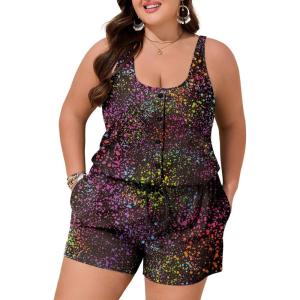 imageSummer Mae Plus Size Swim Romper One Piece Swimsuit Women Blouson Bathing Suit with Pockets 2025 Modest SwimwearGradient Starry Sky