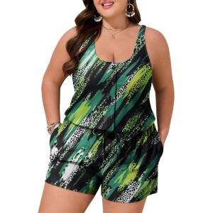 imageSummer Mae Plus Size Swim Romper One Piece Swimsuit Women Blouson Bathing Suit with Pockets 2025 Modest SwimwearGreen Leopard