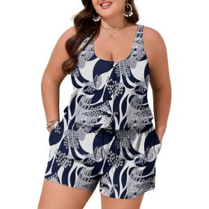 imageSummer Mae Plus Size Swim Romper One Piece Swimsuit Women Blouson Bathing Suit with Pockets 2025 Modest SwimwearIndigo Tribal