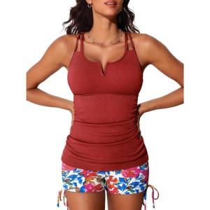 imageSummer Mae Tankini Swimsuits for Women Bathing Suits Top Ruched Two Piece Tummy Control Round Neck with VWire Swim SuitsCerulean Crimson