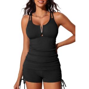 imageSummer Mae Tankini Swimsuits for Women Bathing Suits Top Ruched Two Piece Tummy Control Round Neck with VWire Swim SuitsPure Black