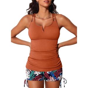 imageSummer Mae Tankini Swimsuits for Women Bathing Suits Top Ruched Two Piece Tummy Control Round Neck with VWire Swim SuitsTropic Sketch