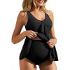 imageSummer Mae Maternity Tankini Flowy Ruffle Hem Two Piece Front Bowknot Bathing Suit V Neck Ruched Pregnancy SwimsuitBlack