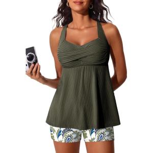 imageMiYang Tankini Swimsuits for Women 2025 Tummy Control Modest Flowy Two Piece Bathing Suits Top with Pockets ShortsGreen Paisley