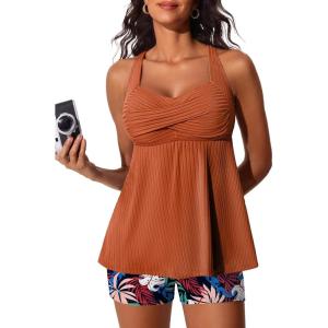 imageMiYang Tankini Swimsuits for Women 2025 Tummy Control Modest Flowy Two Piece Bathing Suits Top with Pockets ShortsTropic Sketch