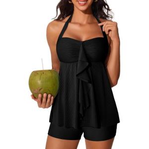 imageSummer Mae Halter Womens Tankini Swimsuits 2025 Flowy Top Two Piece Bathing Suits with Pockets BoyshortsBlack