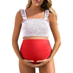 imageSummer Mae Maternity High Waist Bikini Swimsuit Two Piece Ruffled Hem Cute Bathing Suit Floral Pregnancy SwimwearBeatific Polka Dot