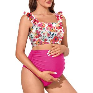 imageSummer Mae Maternity High Waist Bikini Swimsuit Two Piece Ruffled Hem Cute Bathing Suit Floral Pregnancy SwimwearBlue Floating Flower